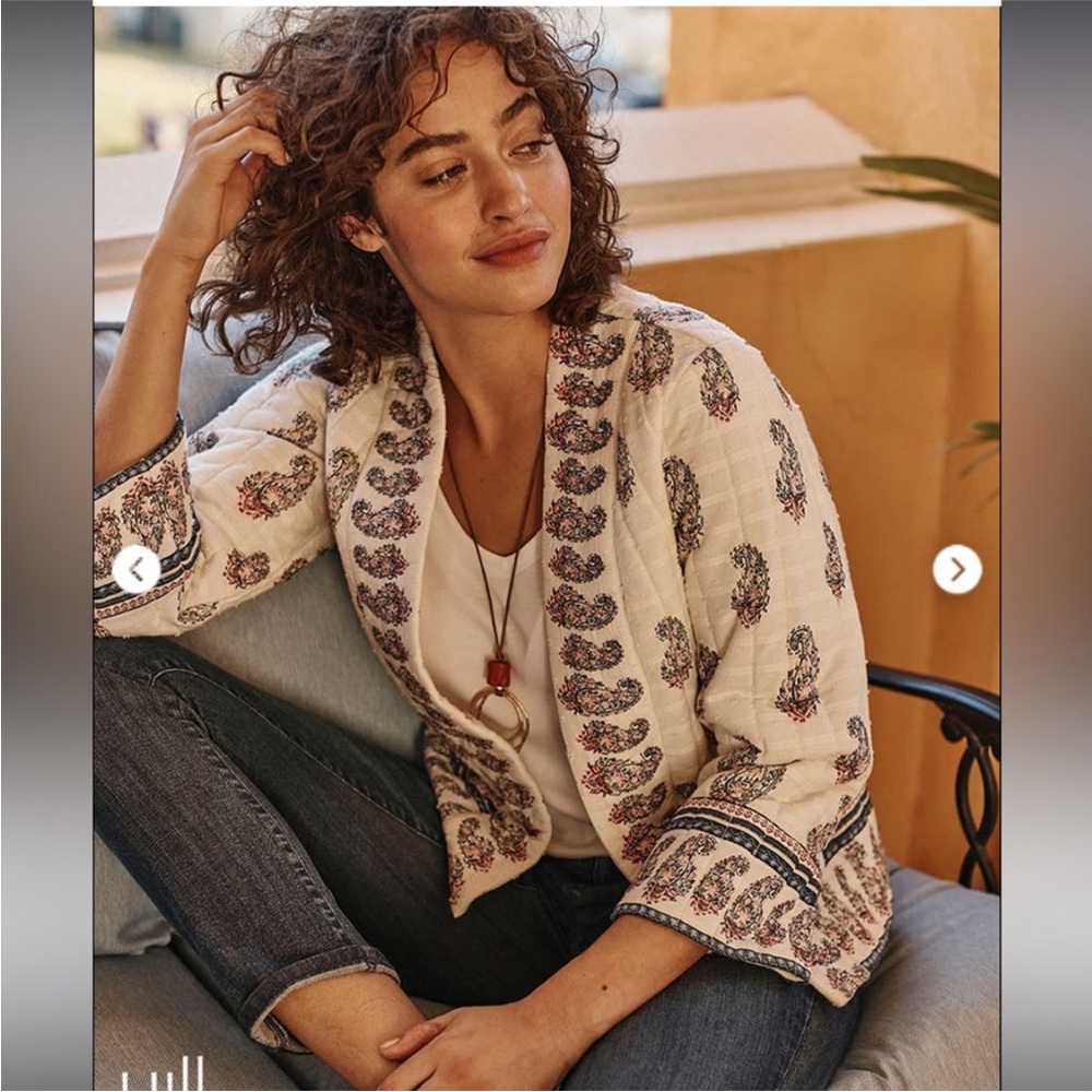 J. Jill Cream Paisley-Trim Open Front Jacket